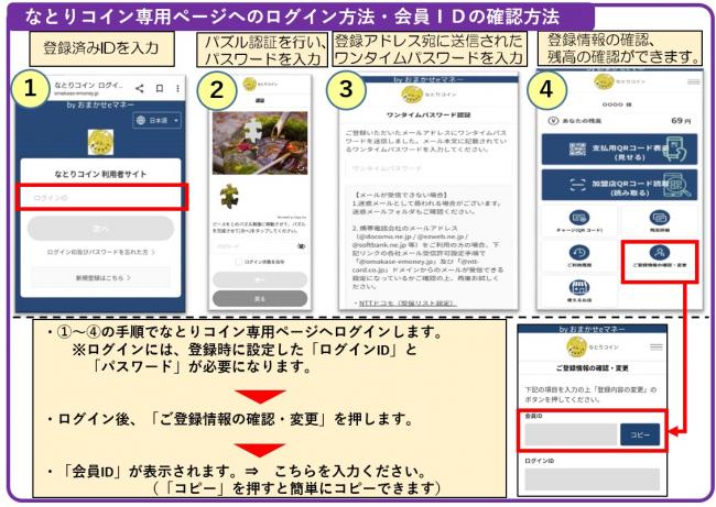 なとりコインのログイン方法・会員IDの確認方法